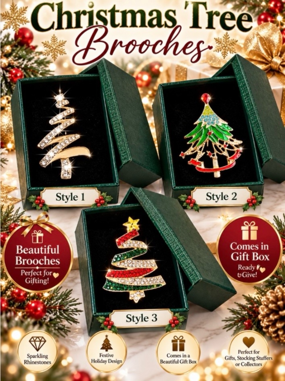 Christmas Tree Brooch in Gift Box - Choose Your Style